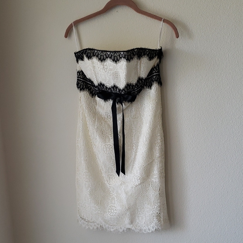 Jessica McClintock Strapless White and Black Lace Dress Mini Length Sz 8